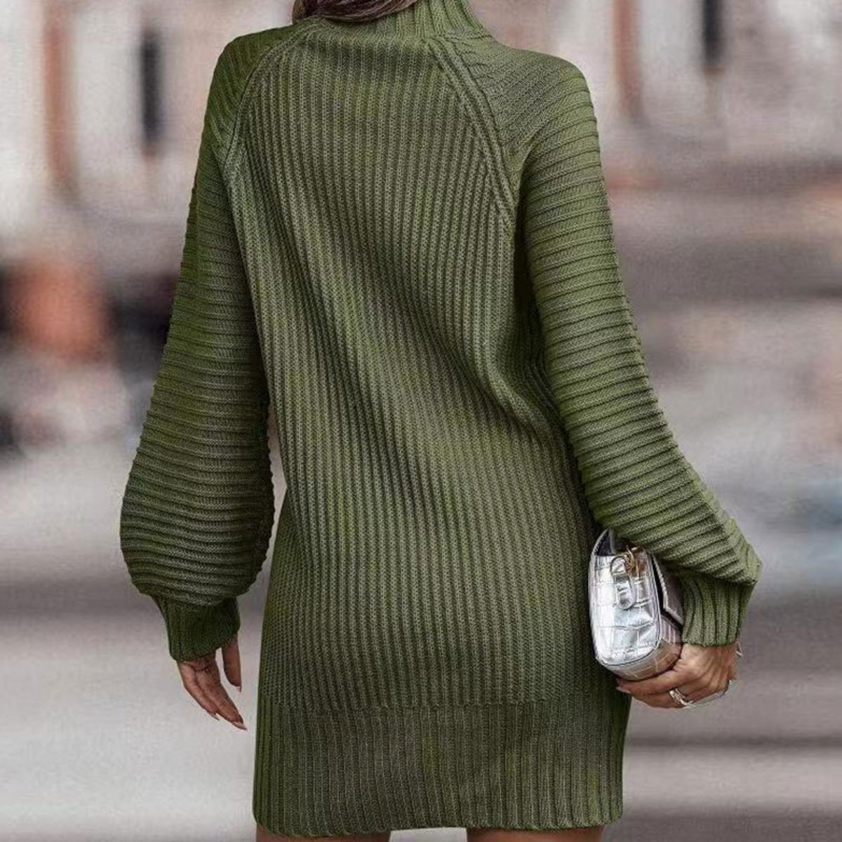 Mock Neck Lantern Sleeve Sweater Dress | Casual Polyester Mini Sweater Dress