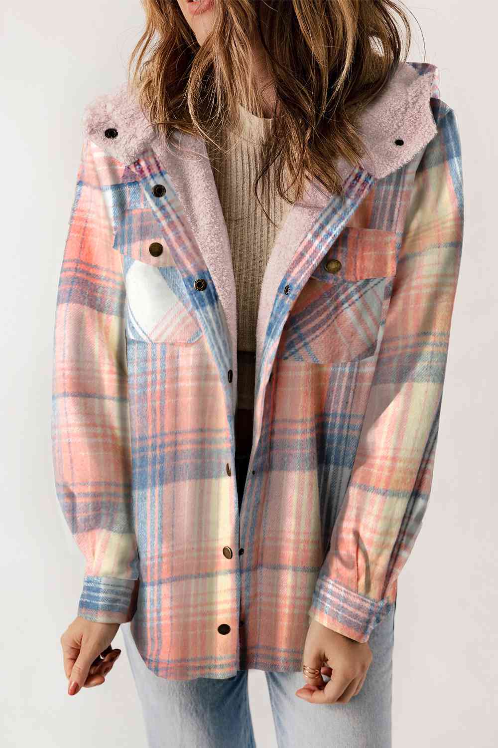 Plaid Snap Down Hooded Jacket | Casual Pocketed Jacket With Long Sleeves