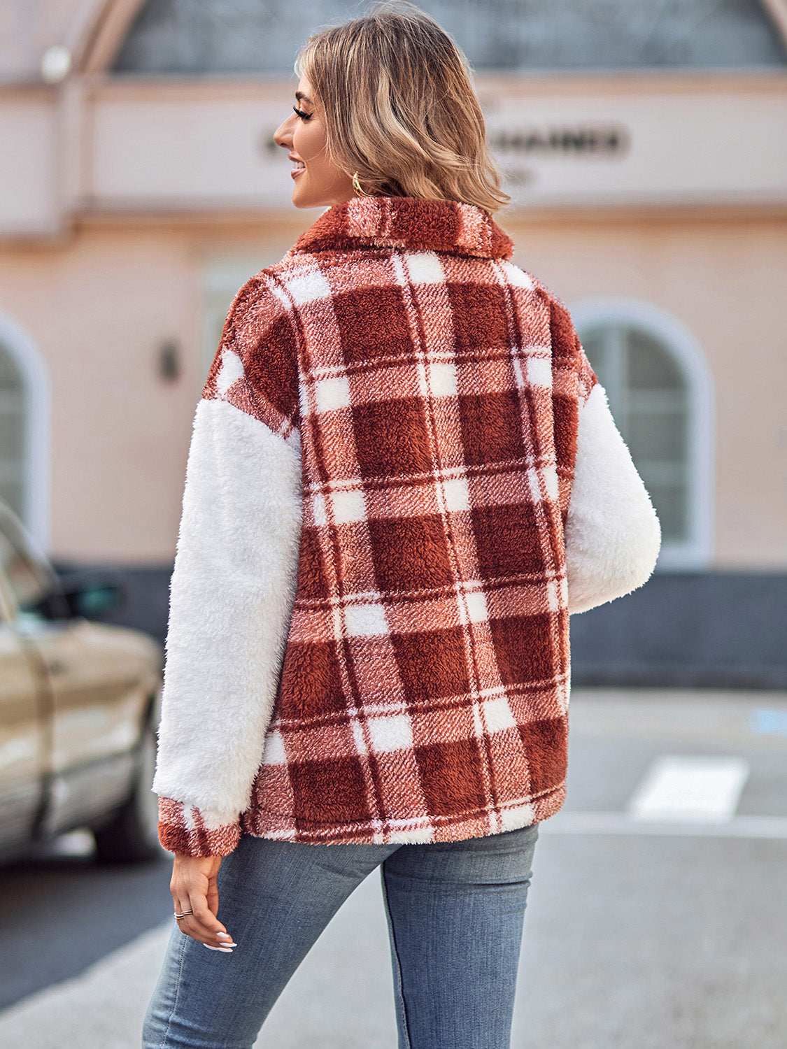 Plaid Dropped Shoulder Teddy Jacket | Polyester Jacket With Collar Neckline