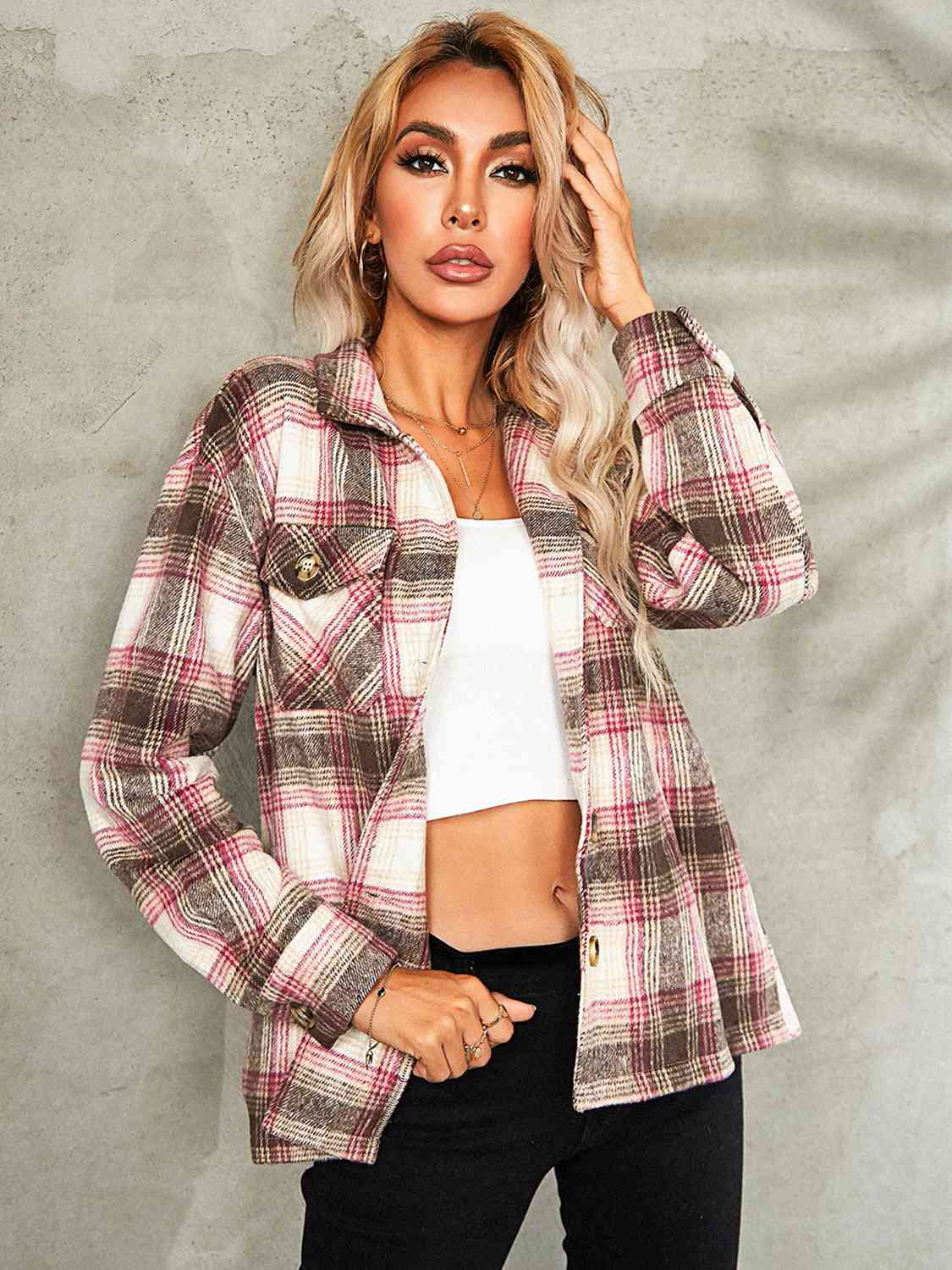 Plaid Button Down Collared Jacket | Woman's Casual Jacket With Chest Pockets