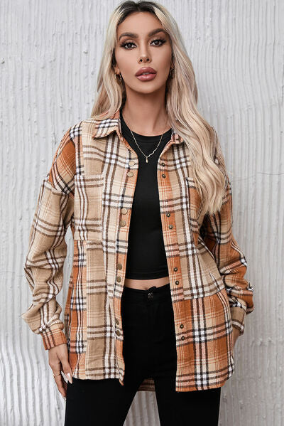 Plaid Snap Down Collared Neck Jacket | Casual Polyester Jacket With Long Sleeves