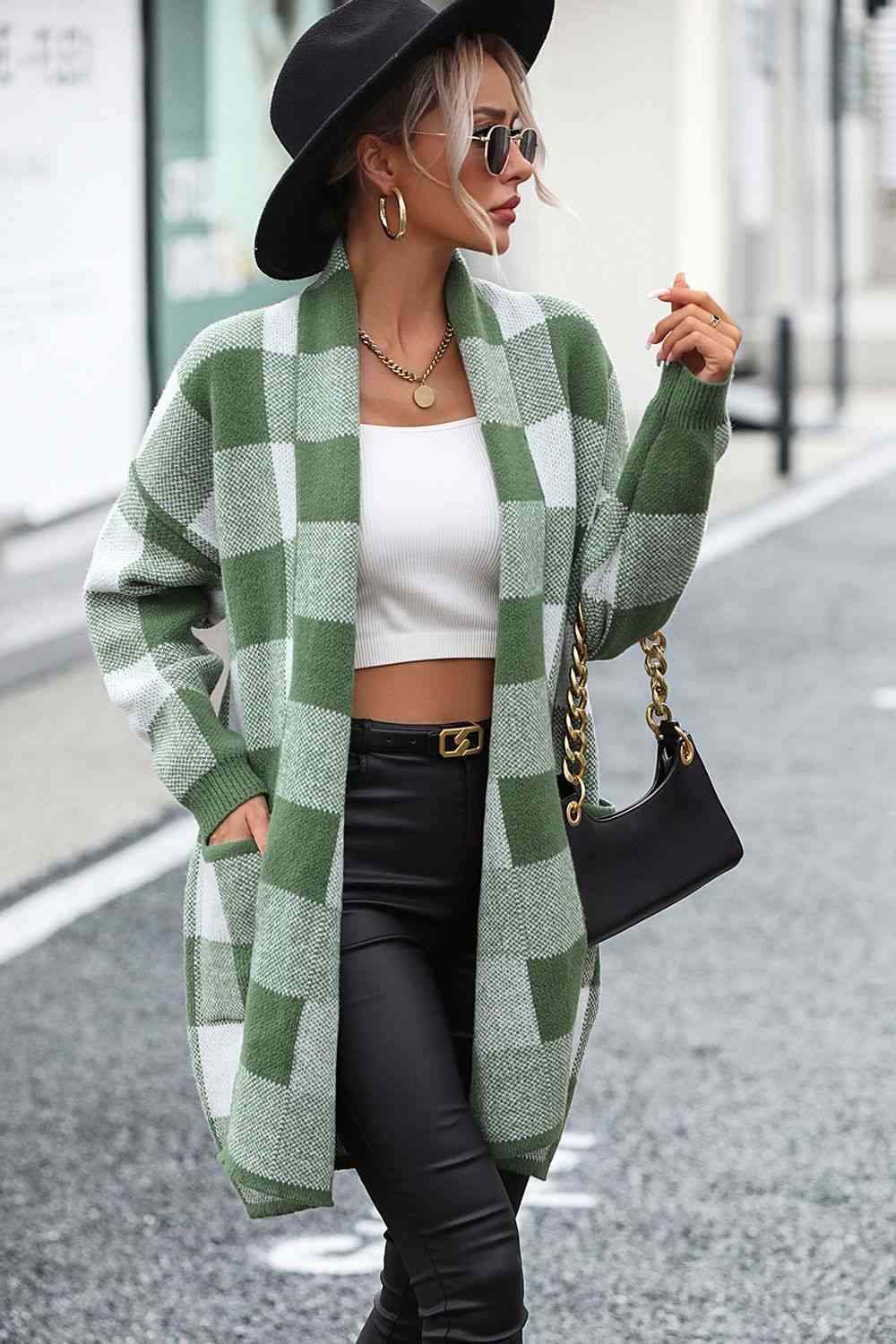 Plaid Dropped Shoulder Cardigan with Pocket | Checkered Open Frond Cardigan