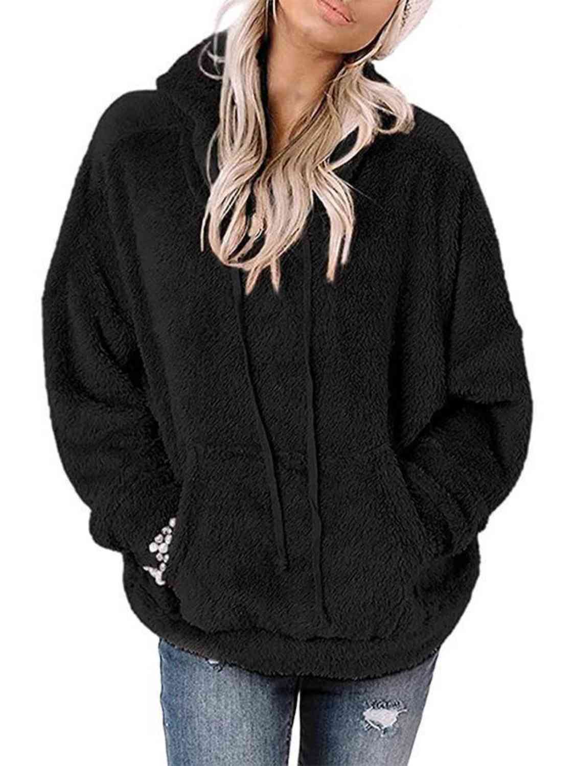 Drawstring Teddy Hoodie with Pocket | Solid Polyester Hoodie With Cuffed Sleeves