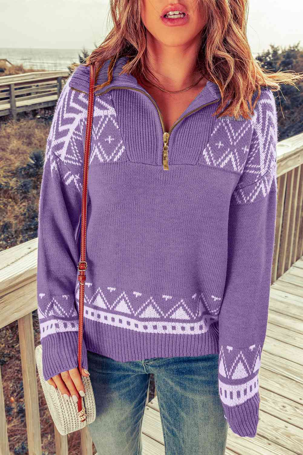 Zip-Up Mock Neck Dropped Shoulder Pullover Sweater | Casual Printed Sweater