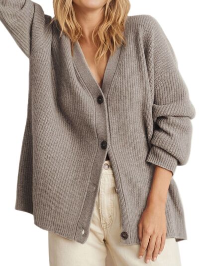 Button Up Long Sleeve Cardigan | Casual Drop Shoulder Polyester Cardigan