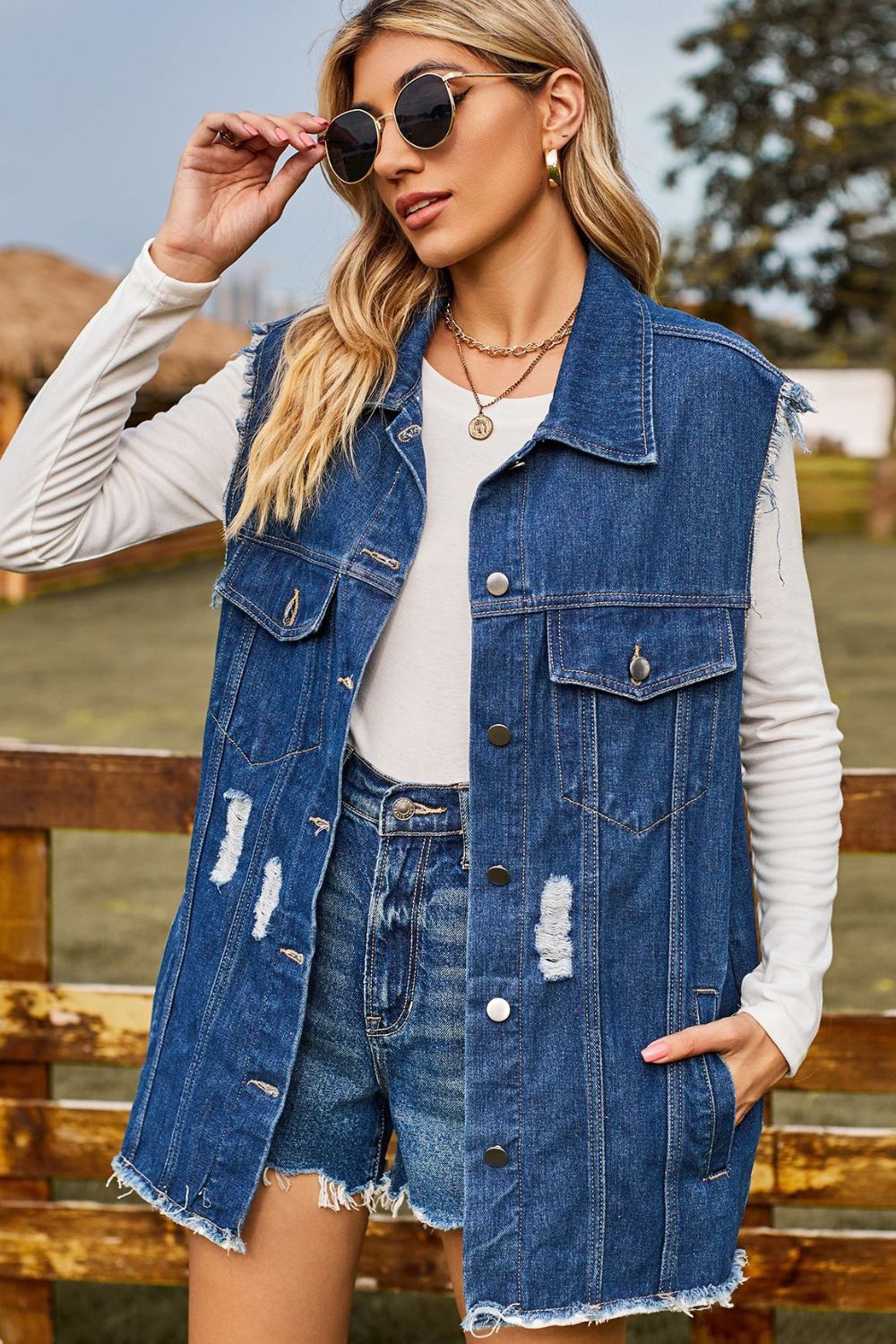 Sleeveless Button-Up Collared Denim Top with Pockets | Casual Distressed Top