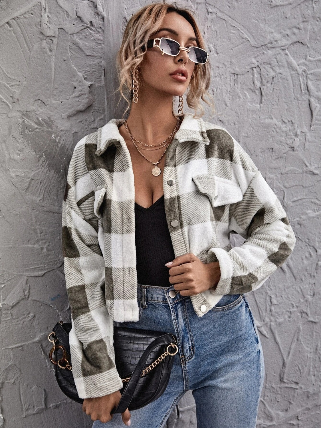 Plaid Button Down Collared Jacket | Casual Cropped Polyester Jacket With Pockets