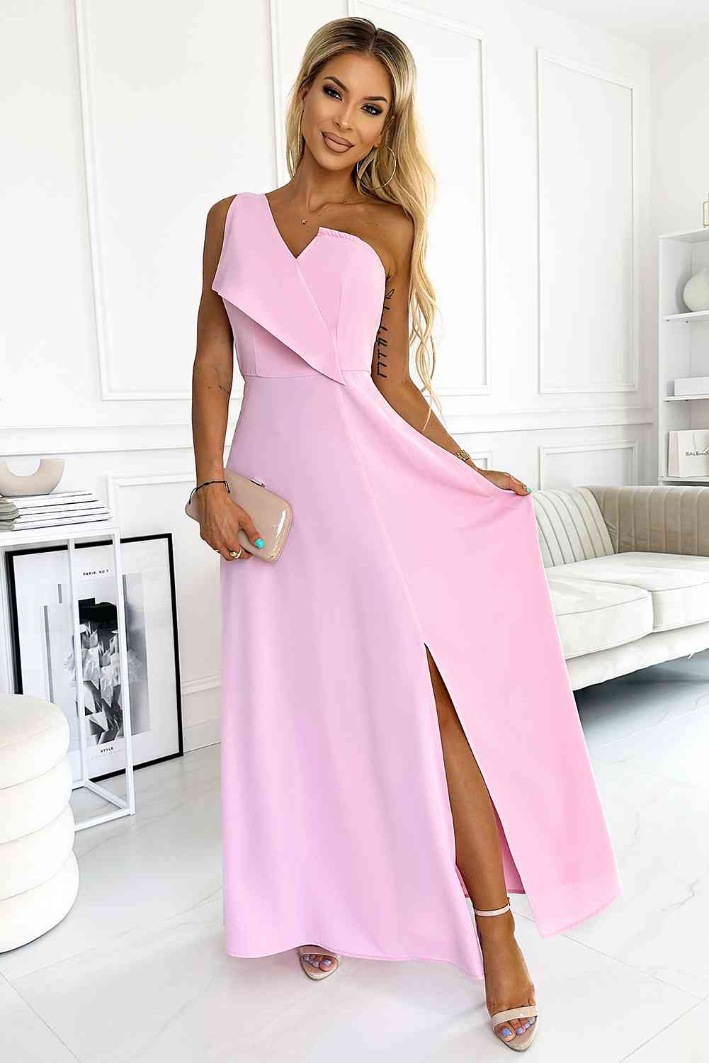 One-Shoulder Sleeveless Maxi Dress | Formal Solid Asymmetrical Polyester Gown