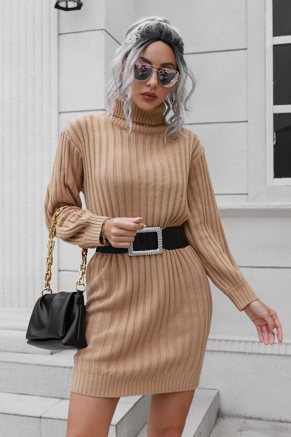 Ribbed Turtle Neck Long Sleeve Mini Sweater Dress | Solid Acrylic Sweater Dress