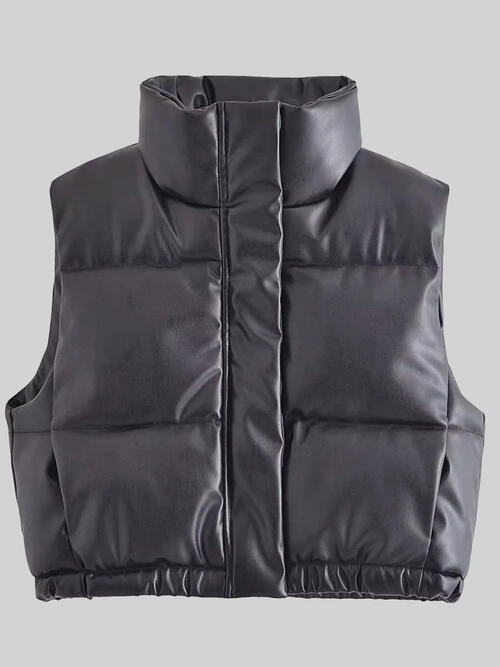 PU Leather Zip Up Drawstring Vest | Solid Polyester Vest With High Neckline