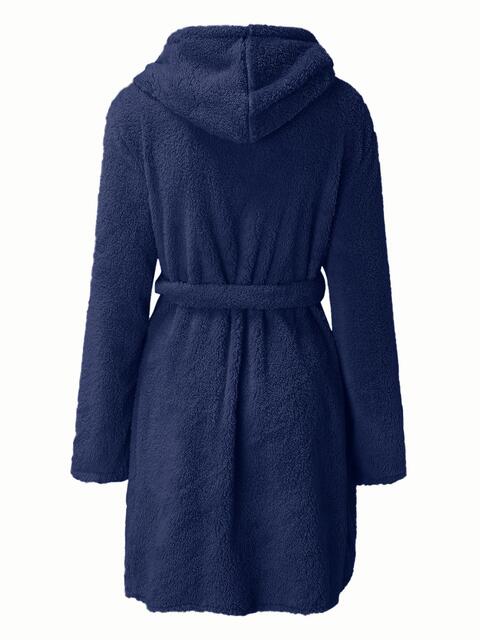 Tie Waist Hooded Robe | Soft Solid Stretched Polyester Robe With Pockets