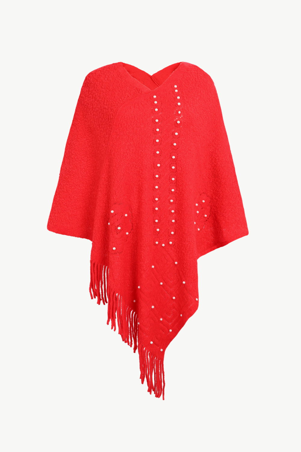 Pearl Trim Fringe Hem Poncho | Casual Solid Woman's Stretchy Acrylic Poncho