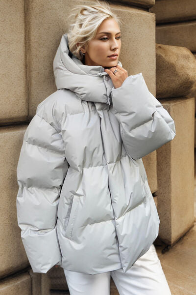 Pocketed Zip Up Hooded Puffer Jacket | Solid Polyester Jacket With Long Sleeves