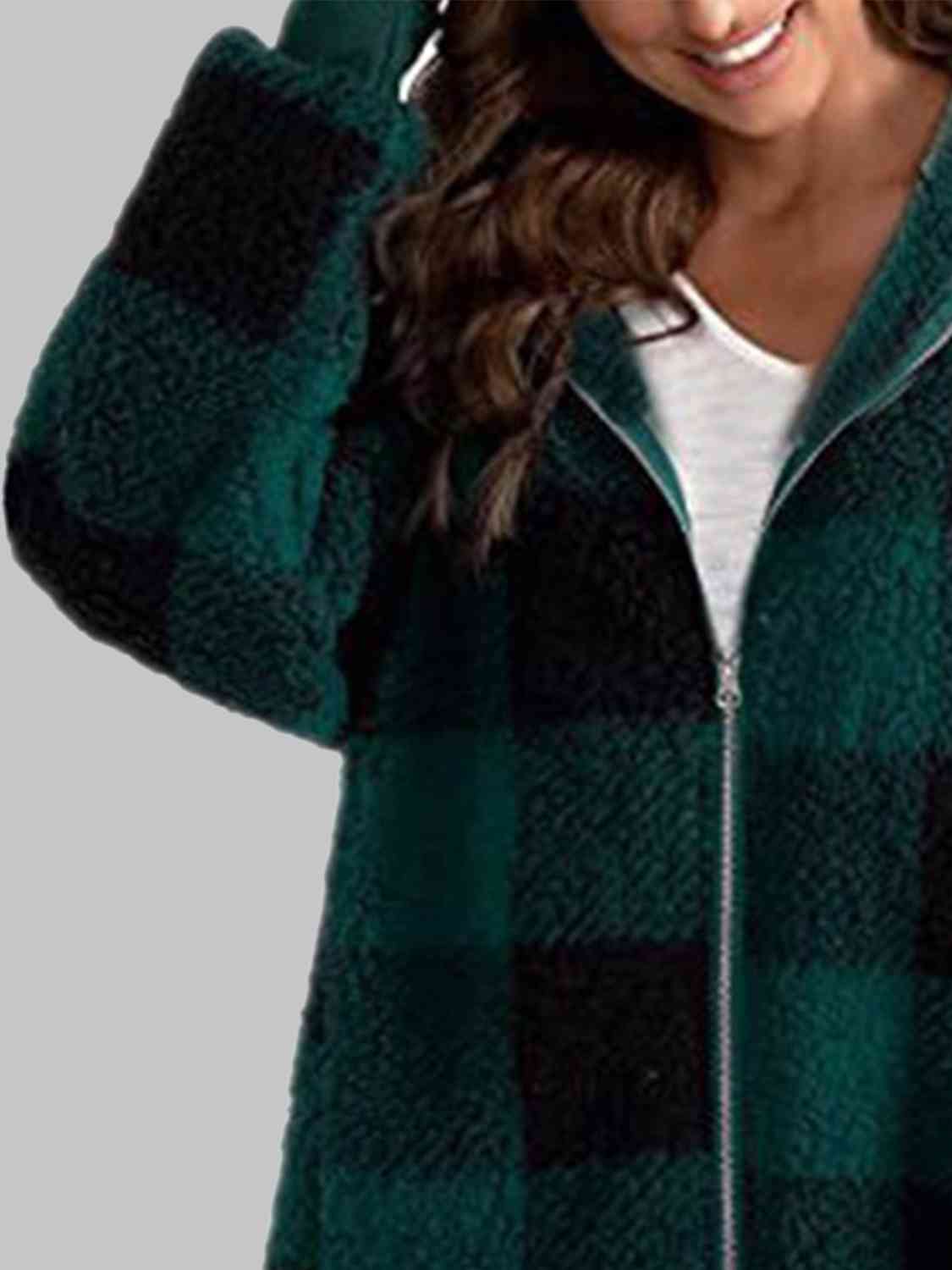 Plaid Zip-Up Hooded Jacket with Pockets | Warm Cozy Fuzzy Sherpa Jacket Shirt