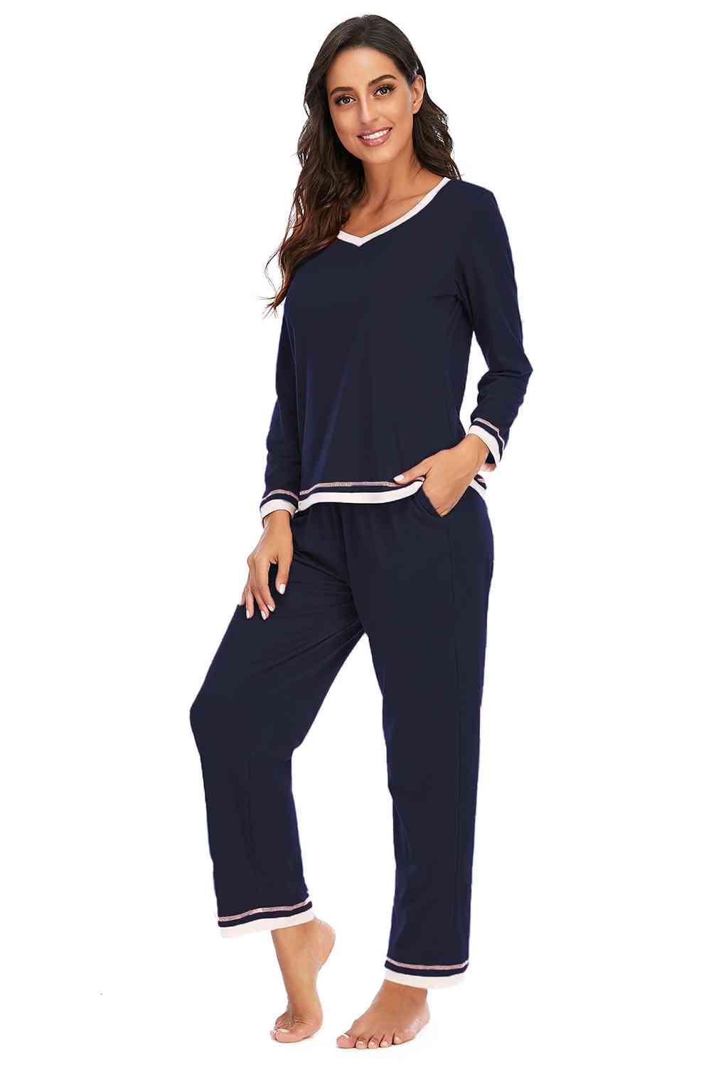 V-Neck Top and Pants Lounge Set | Woman's Cotton Night Set With Pocketed Pants