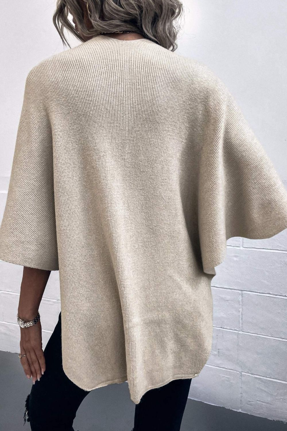 Surplice Neck Pom-Pom Trim Poncho | Casual Solid Stretchy Polyester Poncho
