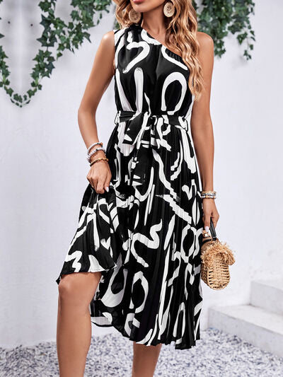 Printed Single Shoulder Tie Waist Dress