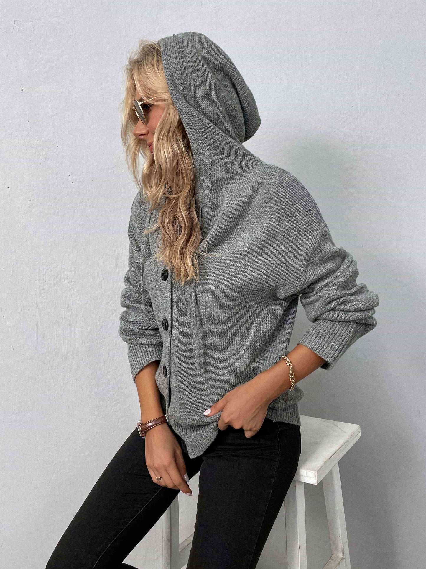 Button-Down Long Sleeve Hooded Sweater | Solid Sweater With Ribbed Cuffs