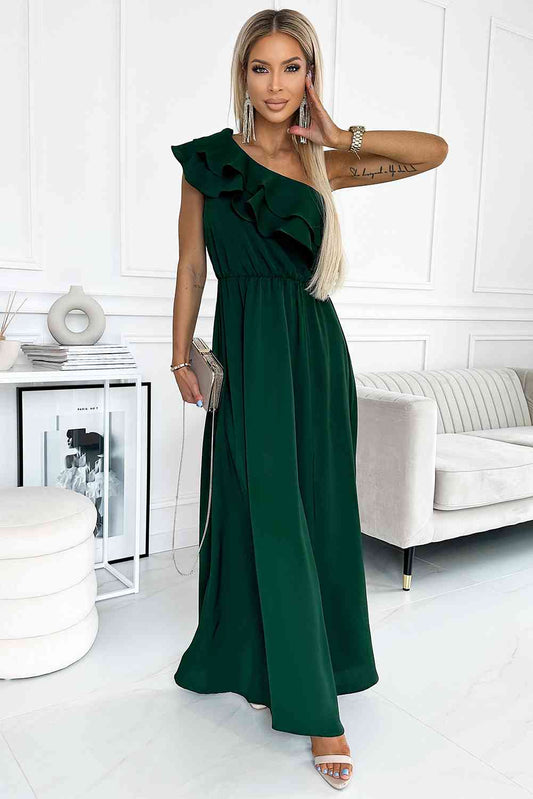 One-Shoulder Ruffled Maxi Dress | Formal Sleeveless Long A-Line Solid Dress