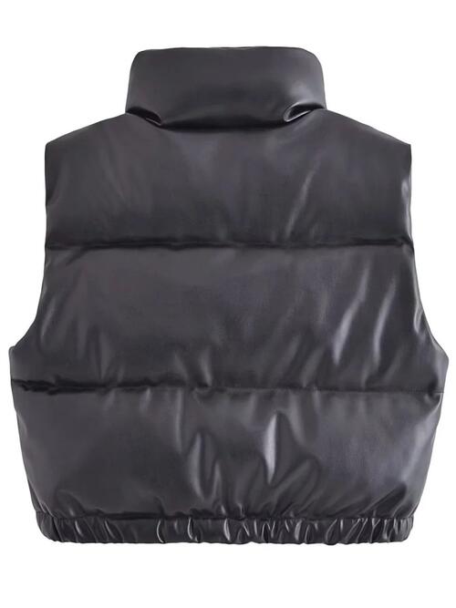 PU Leather Zip Up Drawstring Vest | Solid Polyester Vest With High Neckline