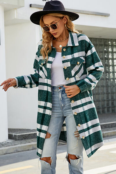 Plaid Button Up Collared Neck Coat with Pockets | Long Sleeves Polyester Coat