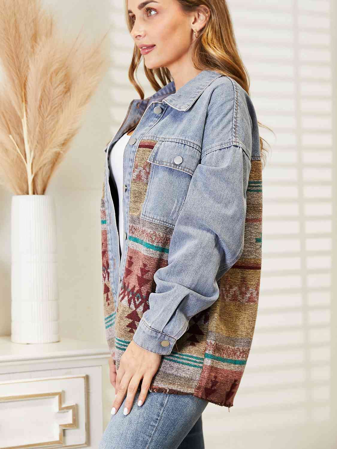 Collared Neck Dropped Shoulder Denim Jacket | Buttoned Jacket With Pockets