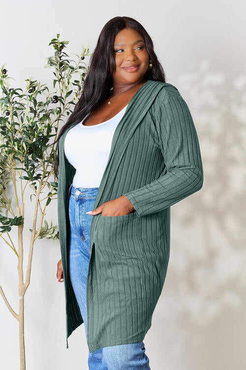 Basic Bae Full Size Ribbed Open Front Long Sleeve Cardigan | Hooded Cardigan