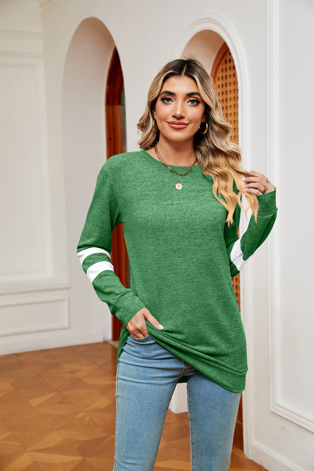 Round Neck Long Sleeve Top | Casual Stretchy Woman's Top With Cuffed Sleeves