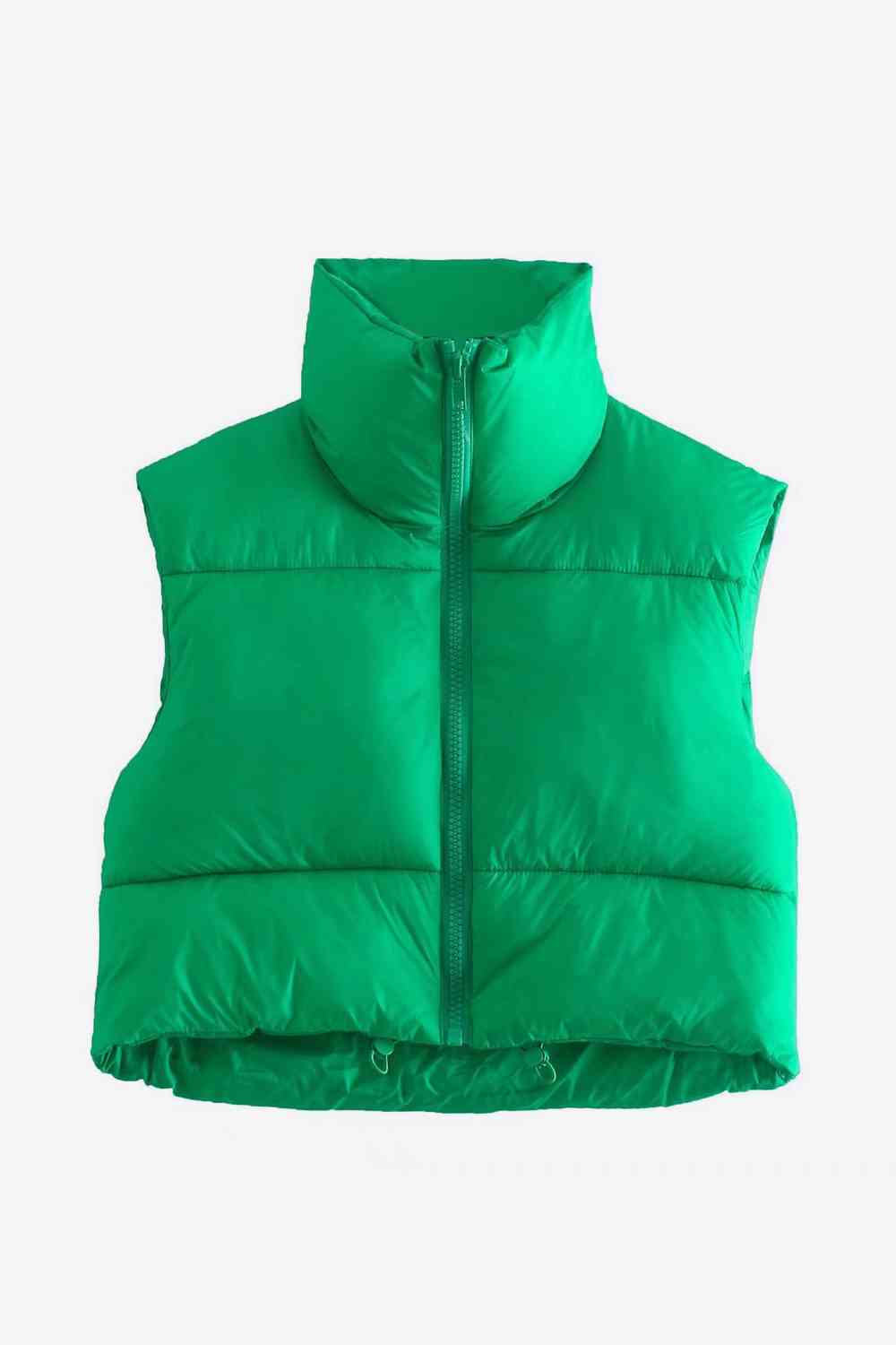 Zip-Up Drawstring Puffer Vest | Cropped Solid Band Collar Polyester Vest