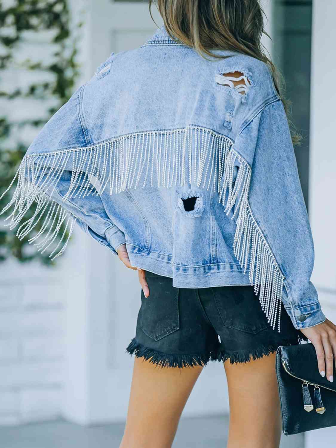 Distressed Fringe Denim Jacket | Casual Jacket With Collar Neck & Button Closure