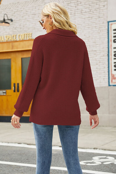 Ribbed Johnny Collar Pullover Sweater | Woman's Sweater With Cuffed Sleeves