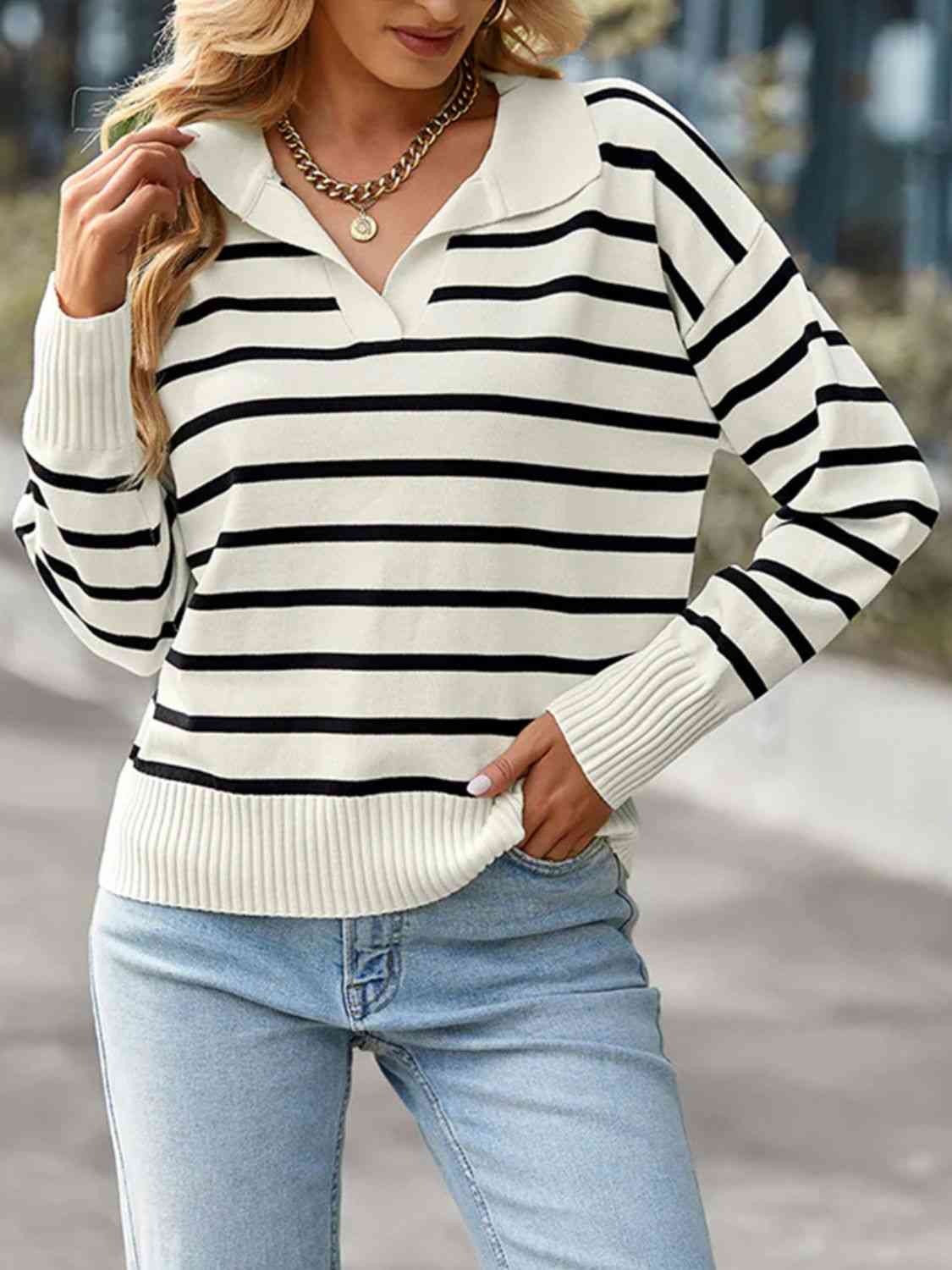 Striped Collared Neck Knit Top | Polyester Top With Ribbed Hem And Sleeves