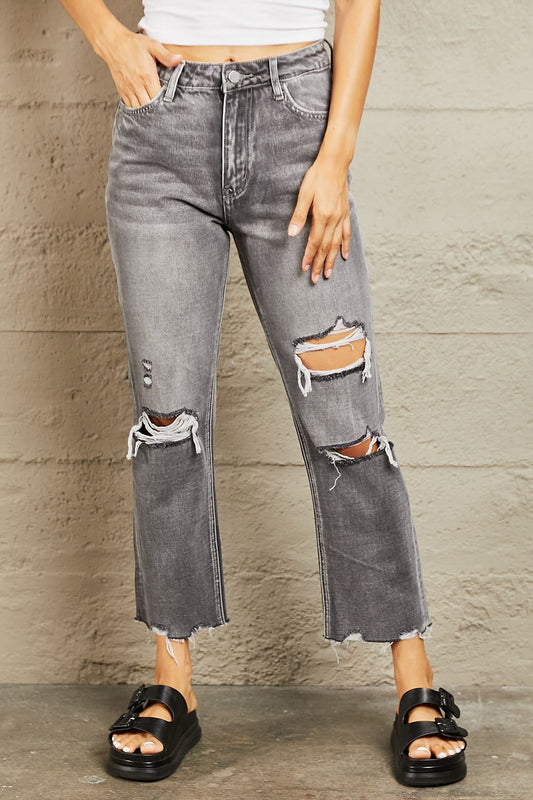 BAYEAS Mid Rise Distressed Cropped Dad Jeans | Solid Casual Cotton Jeans