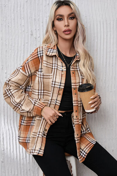 Plaid Snap Down Collared Neck Jacket | Casual Polyester Jacket With Long Sleeves