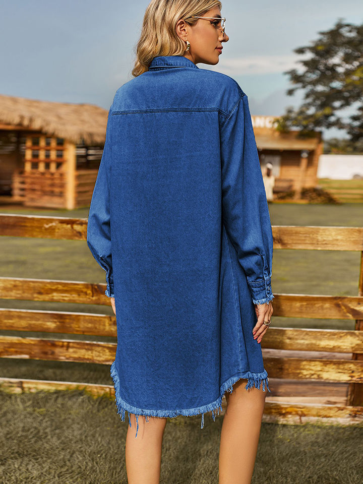 Raw Hem Collared Denim Dress | Casual Pocketed Rayon Dress With Long Sleeves