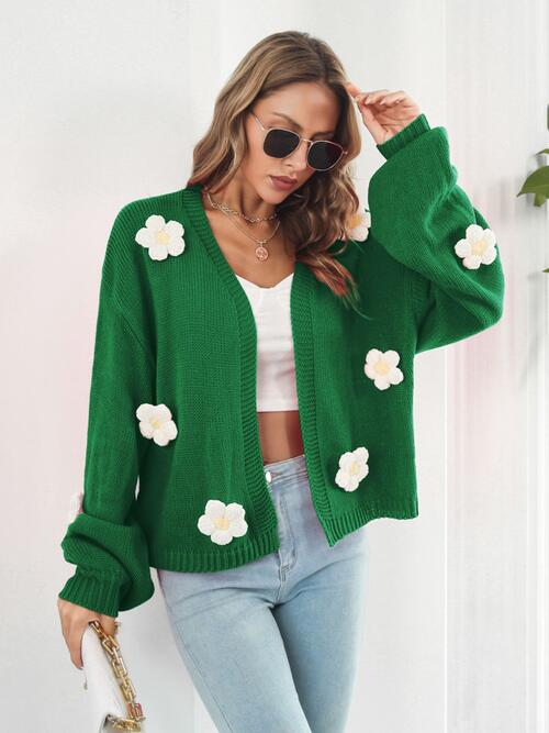 Floral Open Front Long Sleeve Cardigan | Ribbed Cuffs & Hem Acrylic Cardigan