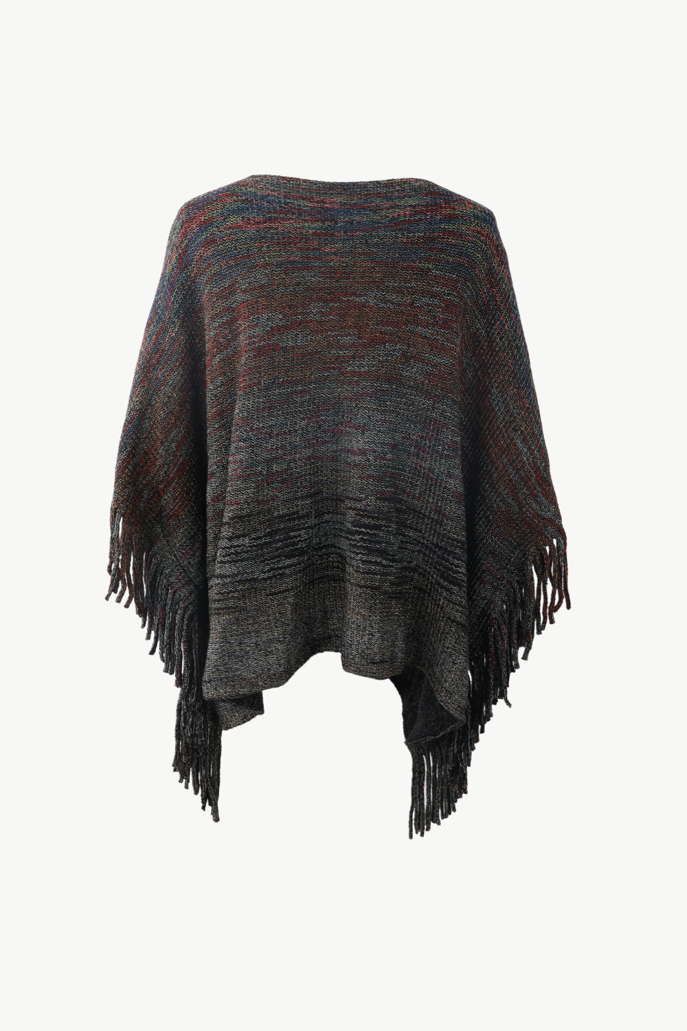 Round Neck Fringe Detail Poncho | Casual Woman's Knitted Stretch Acrylic Poncho