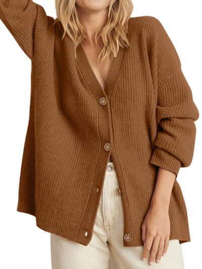 Button Up Long Sleeve Cardigan | Casual Drop Shoulder Polyester Cardigan