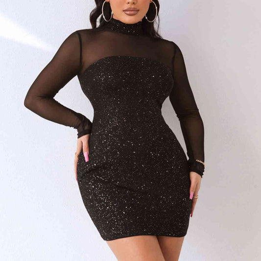 Sequin Mock Neck Mesh Dress | Mini Formal Evening Dress W/ long Sheer Sleeves