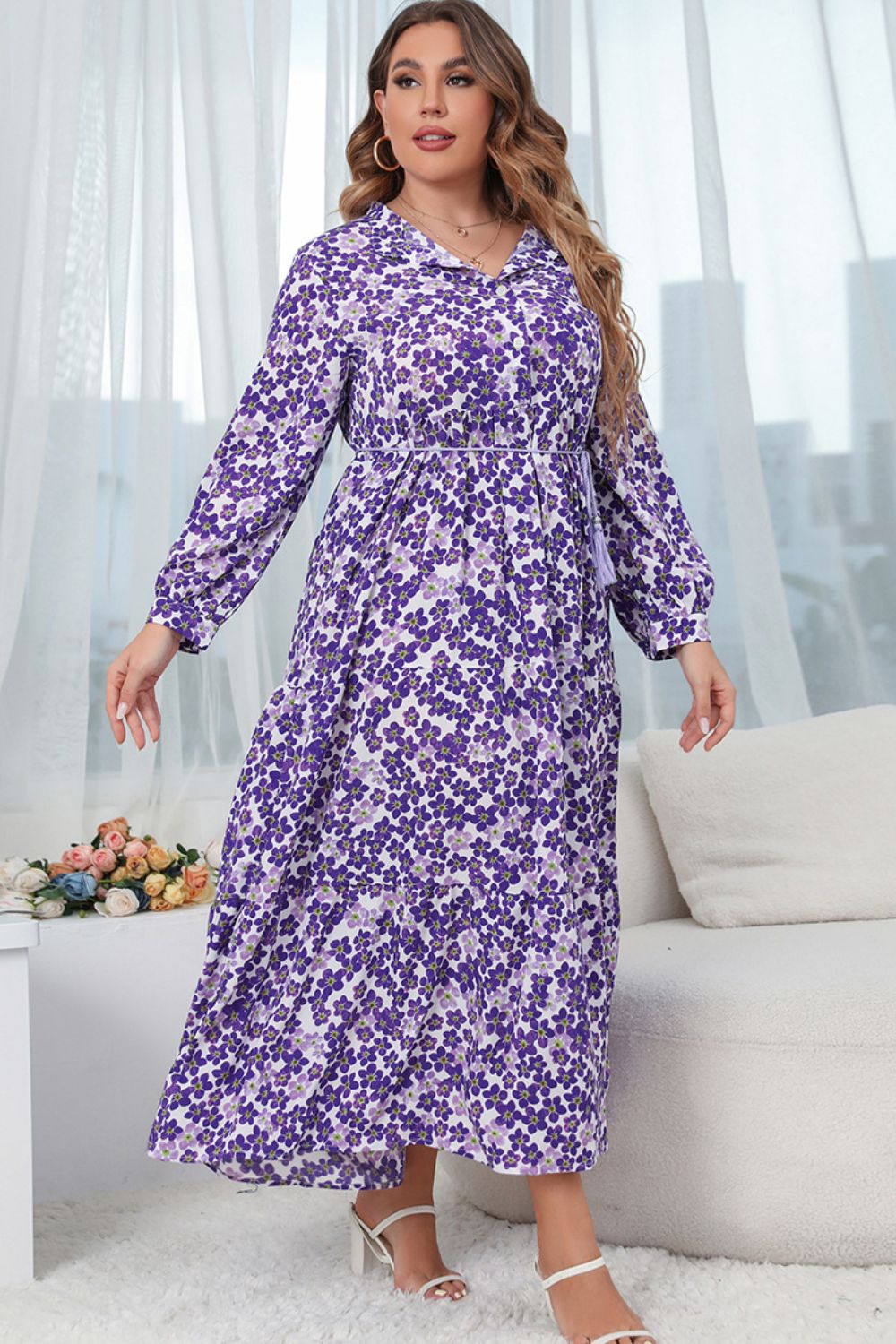 Plus Size Printed Mock Neck Buttoned Maxi Dress | A-Line Dress With Long Sleeves