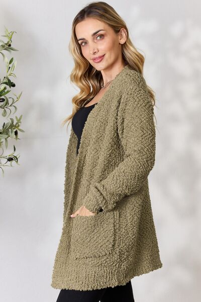 Zenana Falling For You Full Size Open Front Popcorn Cardigan | Pocketed Cardigan