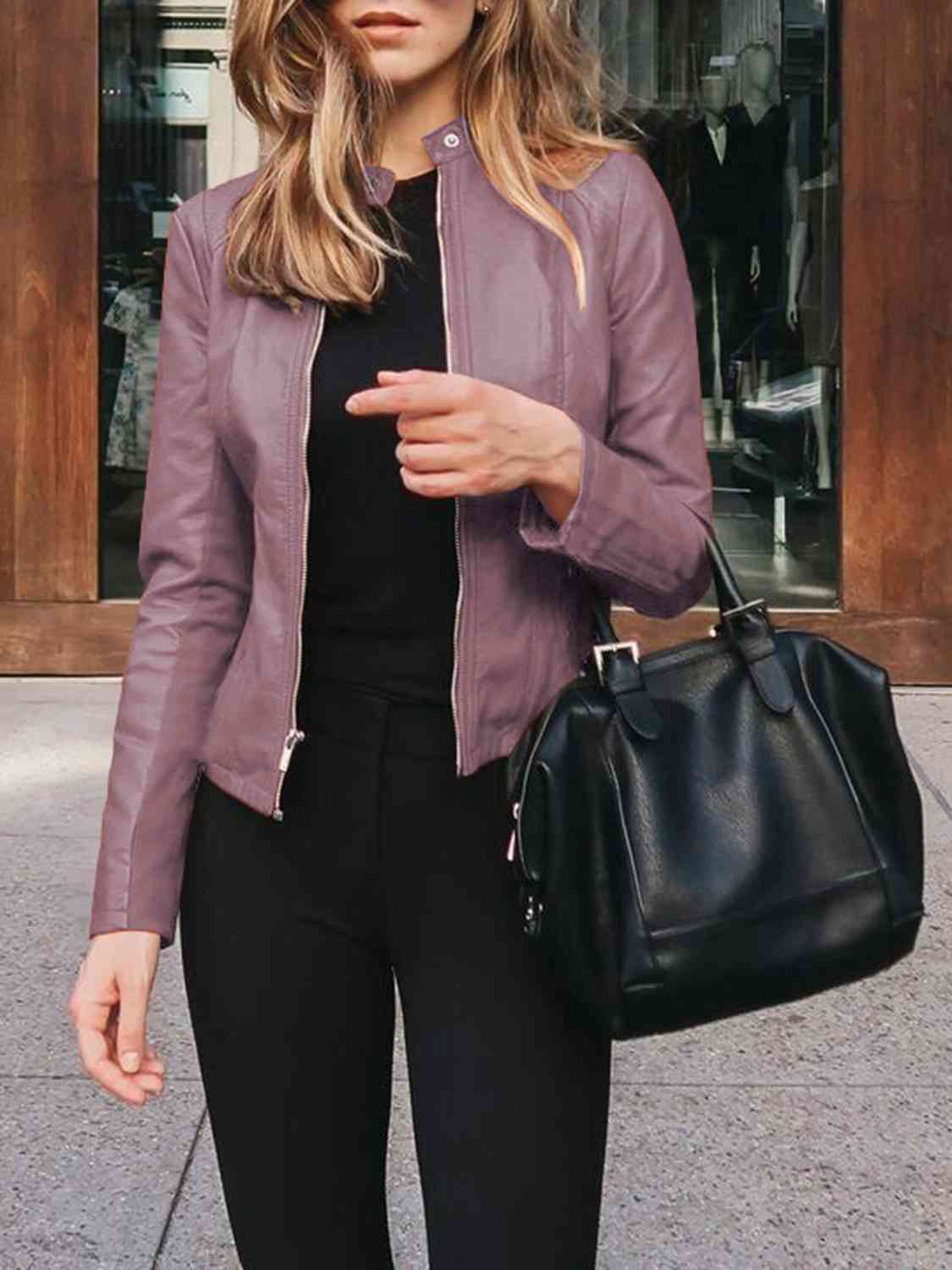 Mock Neck Zip Up Jacket | Casual Woman's Solid Polyester Spandex Jacket