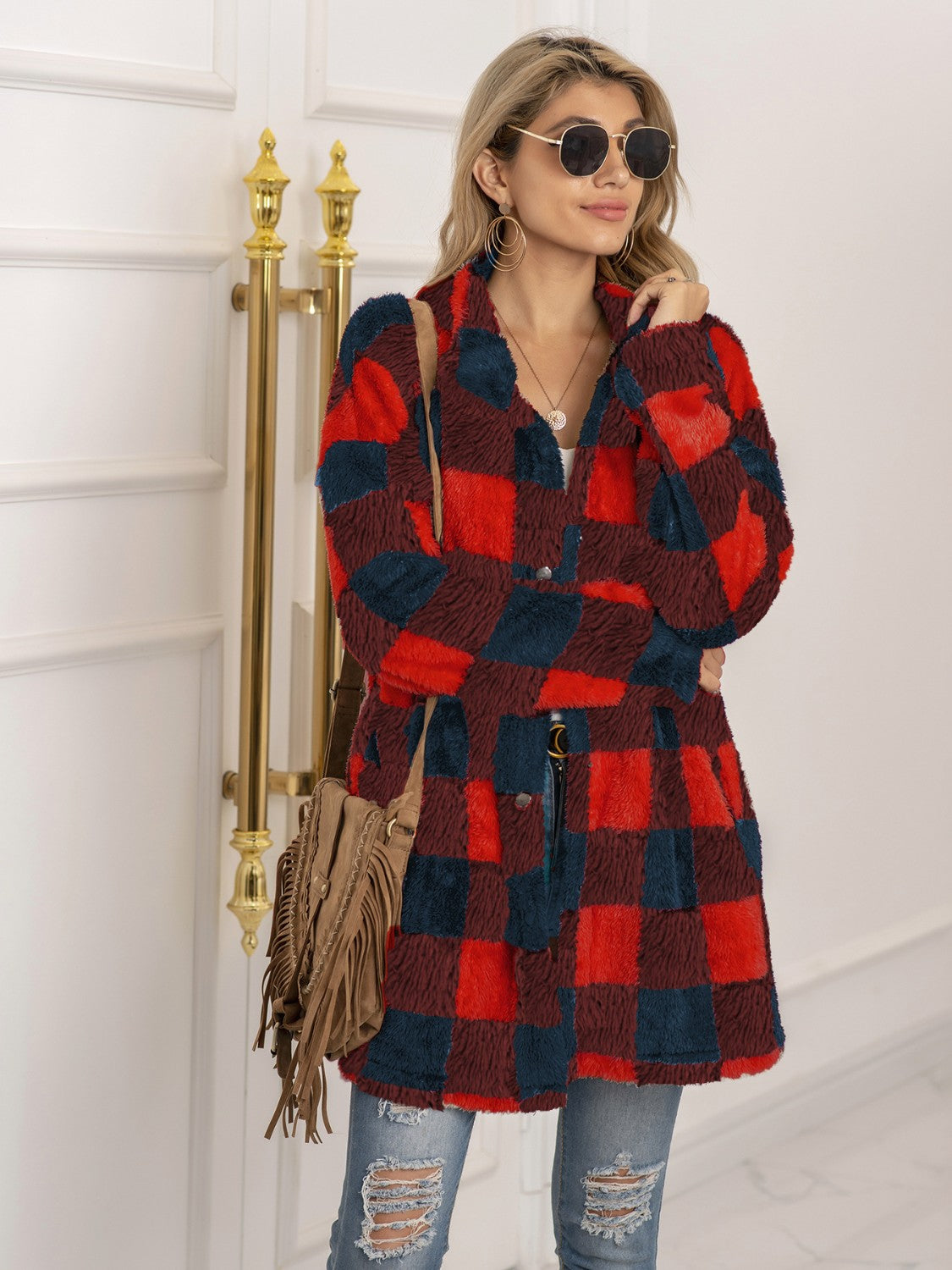 Plaid Collared Neck Longline Coat | Coat With Clasp Closure & Long Sleeves