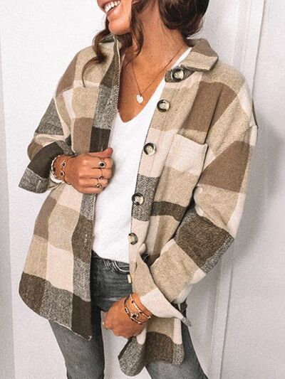 Plaid Pocketed Dropped Shoulder Button Up Jacket |Casual Collared Jacket