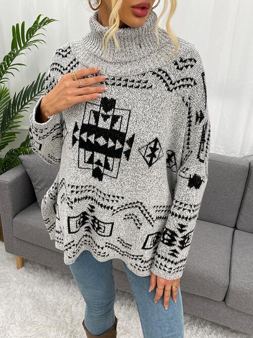 Geometric Turtleneck Long Sleeve Slit Sweater | Ribbed Neckline Acrylic Sweater