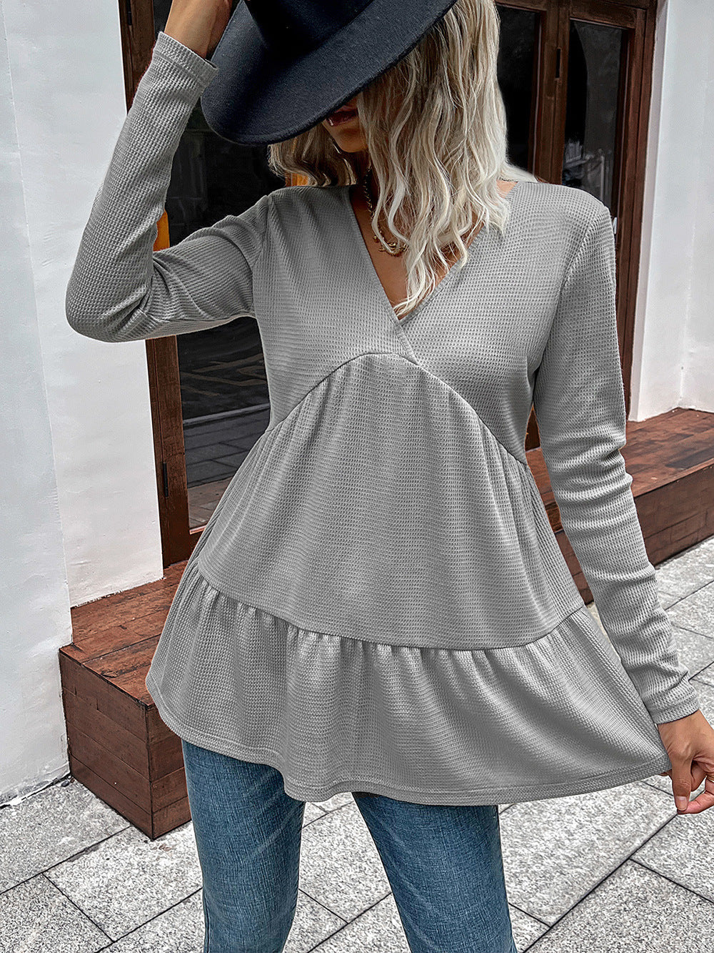 Waffle-knit V-Neck Long Sleeve Blouse | Long Solid Casual Polyester Blouse