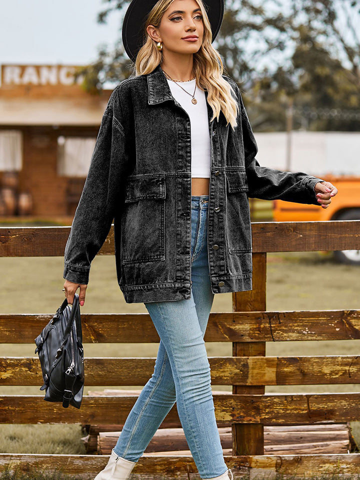 Dropped Shoulder Denim Jacket | Casual Jacket With Collar Neck & Button Closure