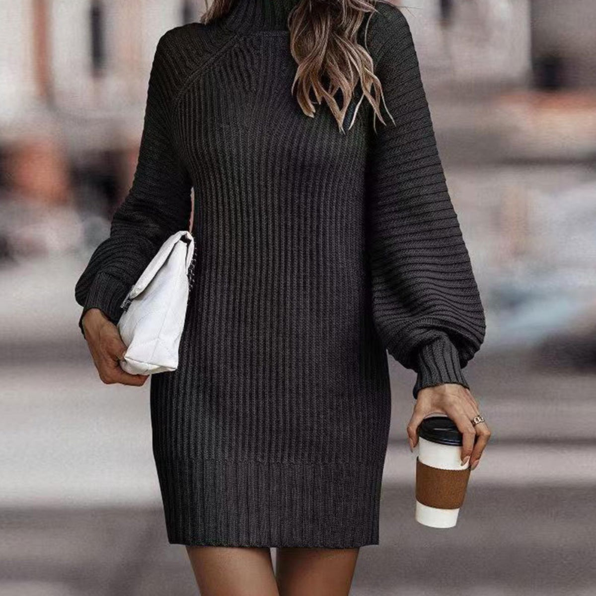 Mock Neck Lantern Sleeve Sweater Dress | Casual Polyester Mini Sweater Dress