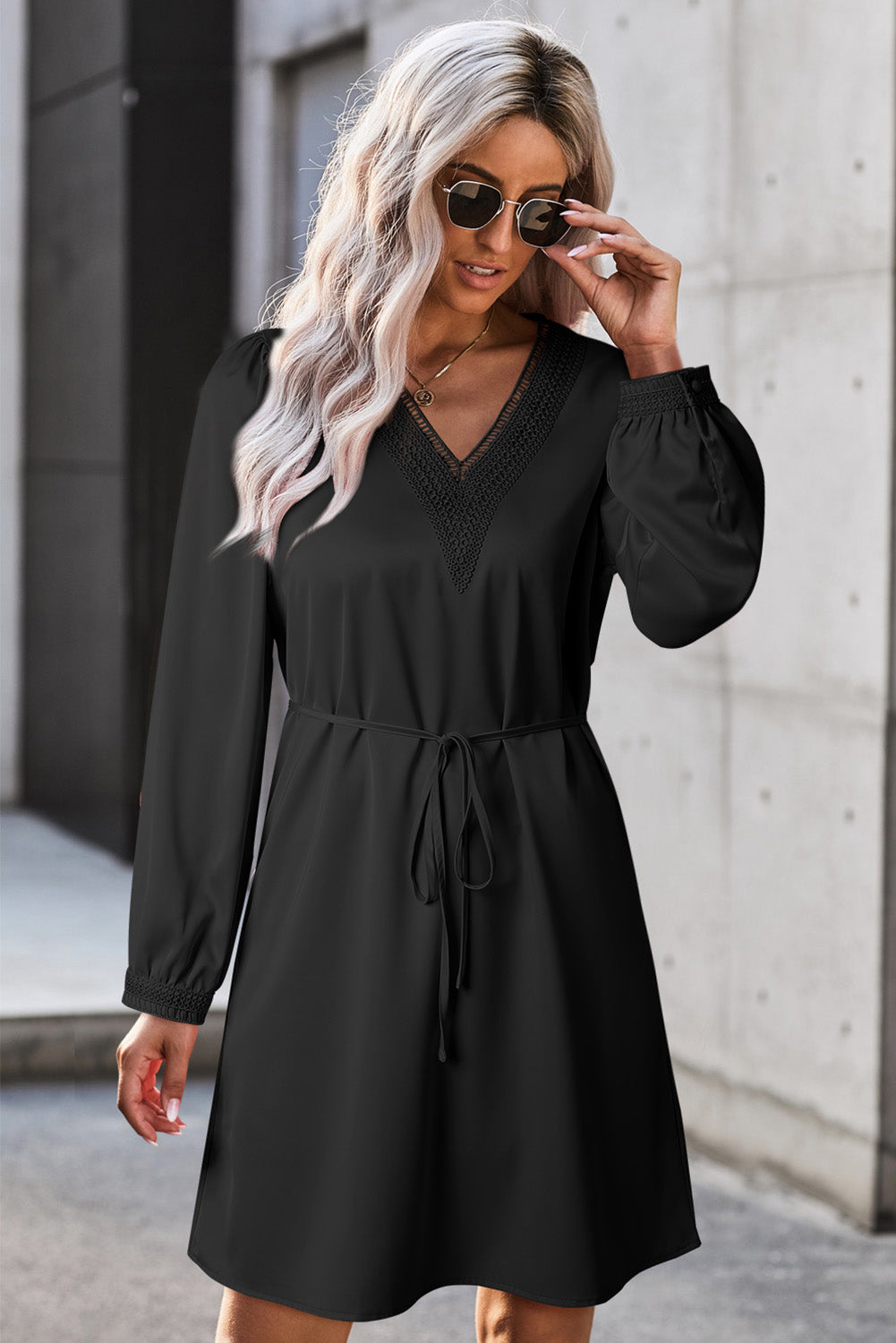 V-Neck Long Sleeve Mini Dress | Casual Sweet Lace V-neck Mini Cocktail Dress