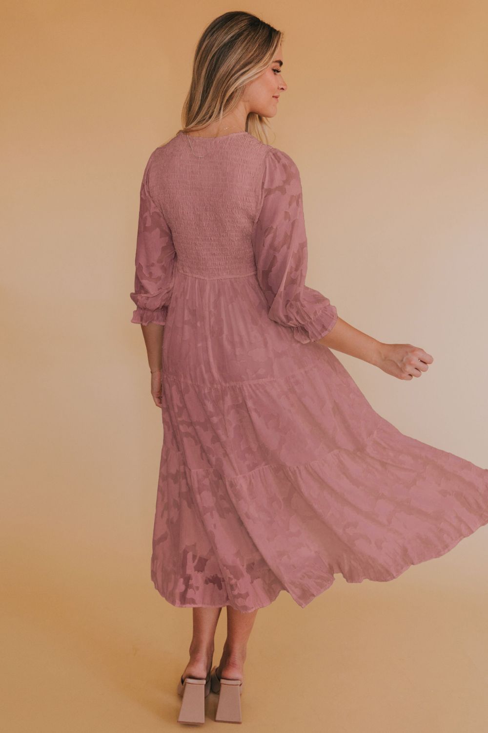 Smocked V-Neck Flounce Sleeve Dress